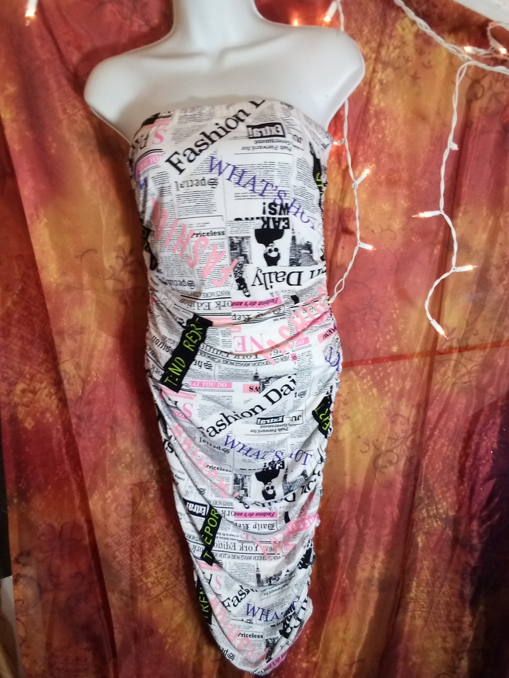 Almost Famous -Strapless Midi Dress With Newspaper Print